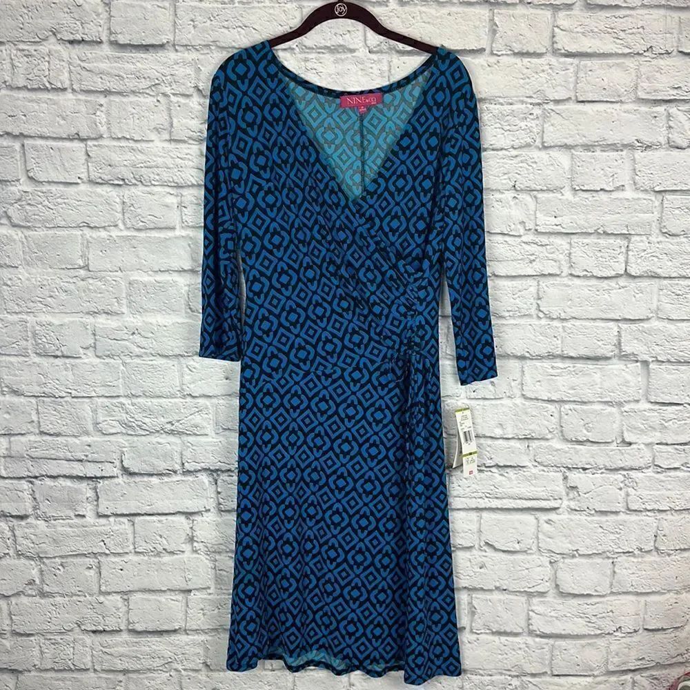Nine & Co Dress Women Blue Geometric 3/4 Sleeve Gathered Fit Flare Size 14 NWT